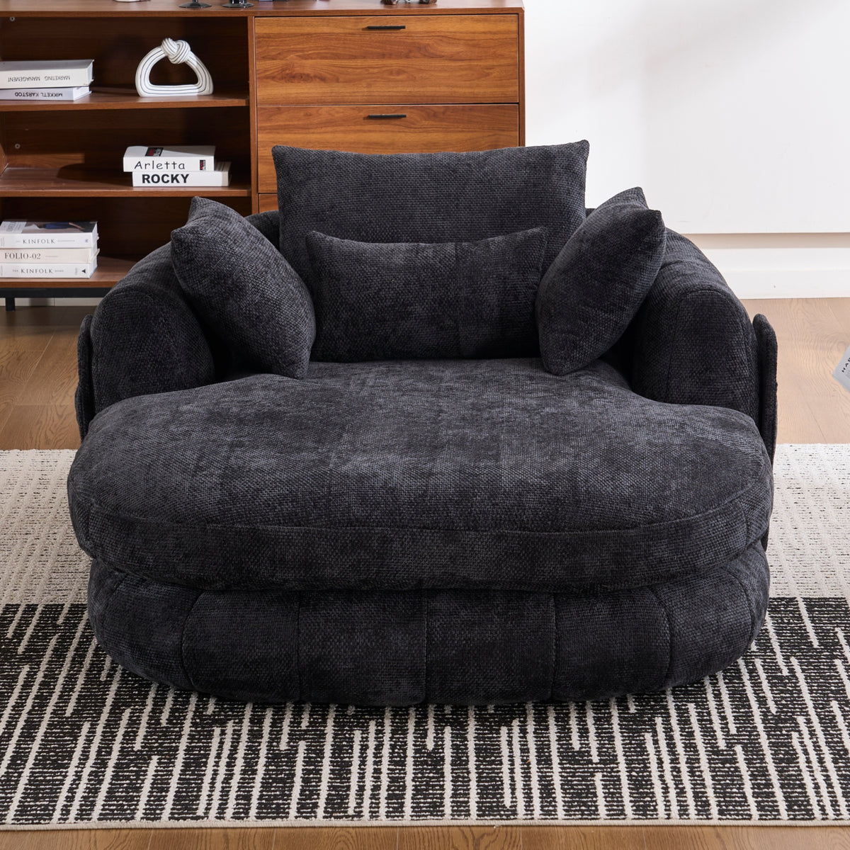 Black Oversized Chenille Chaise Lounge with Pillows — detail 11