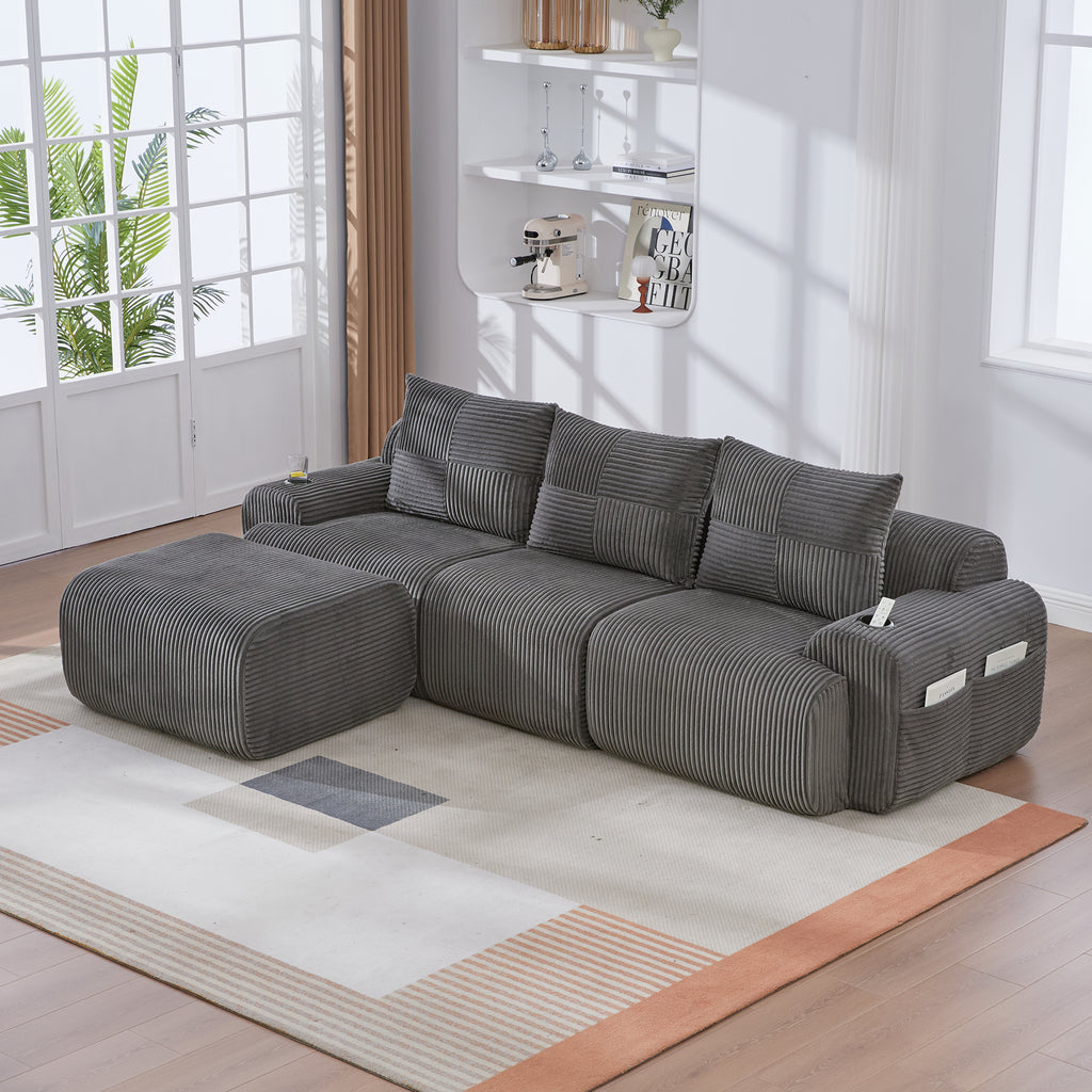 Dark Grey Corduroy 3-Seater Modular Sofa with Ottoman — detail 11