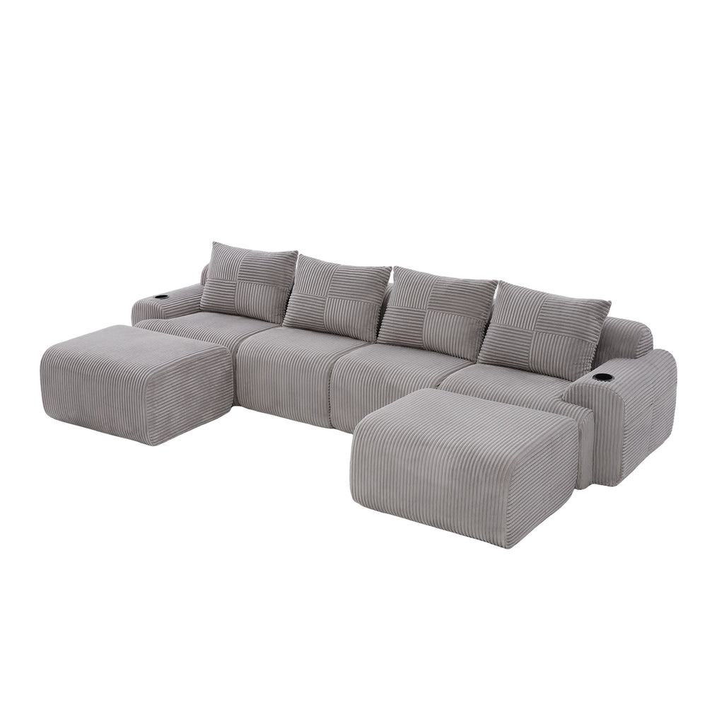 Light Grey Corduroy 4-Seater Modular Sofa with Two Ottomans — detail 18