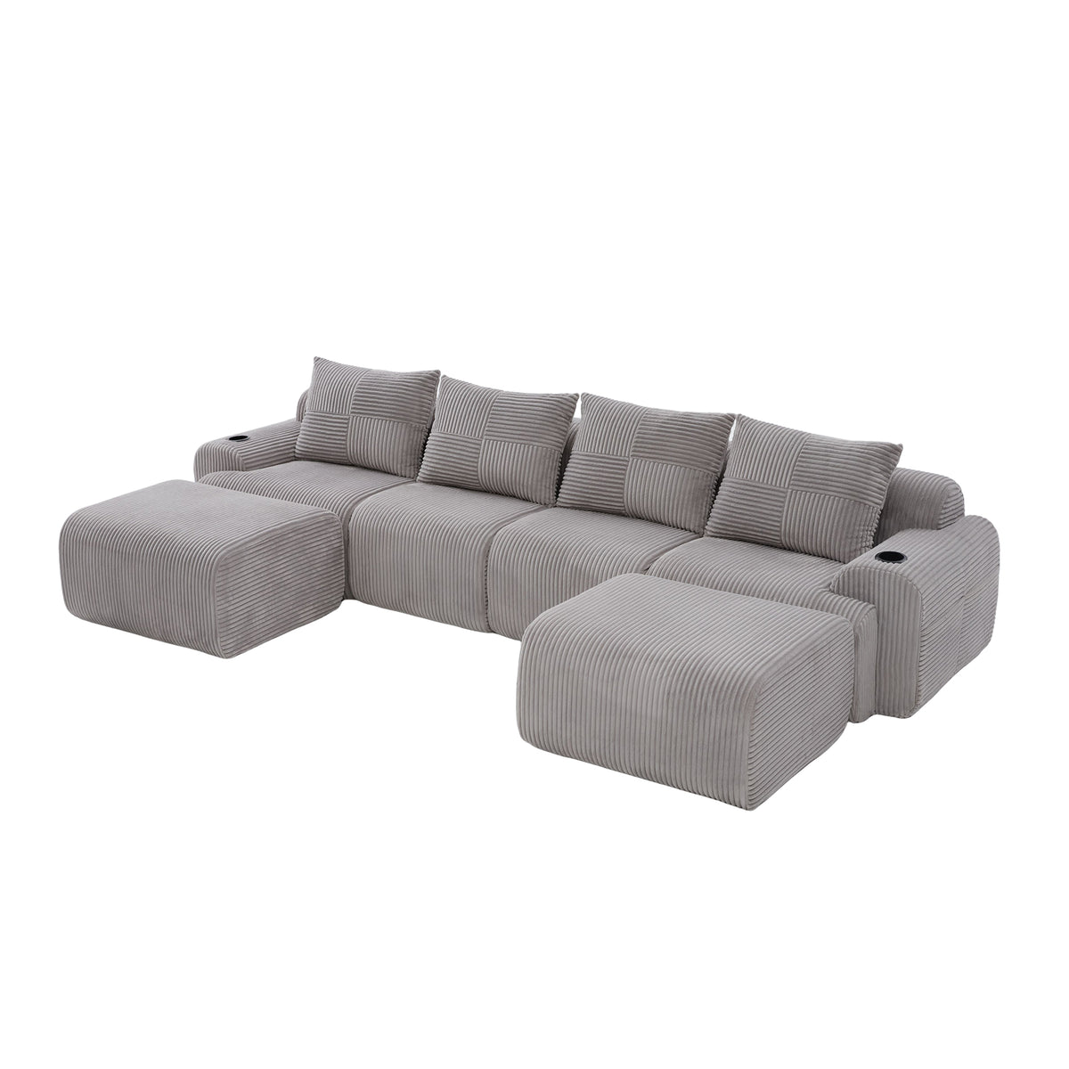 Light Grey Corduroy 4-Seater Modular Sofa with Two Ottomans — detail 18