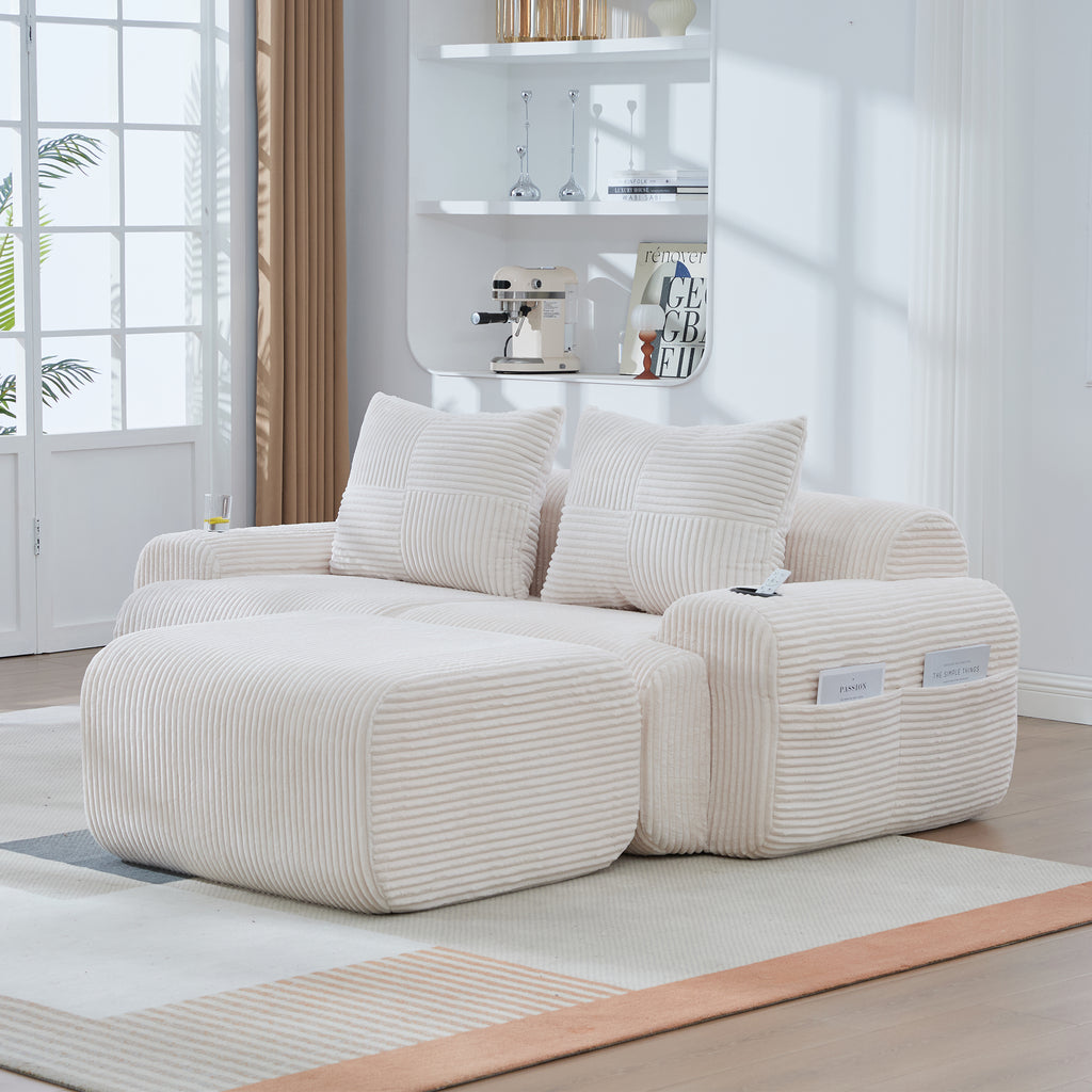 Beige Corduroy 2-Seater Modular Sofa with Ottoman — detail 14