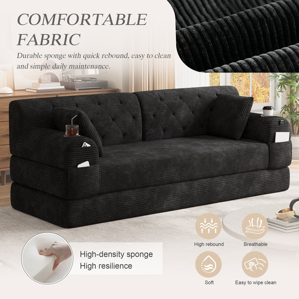 Black Corduroy 3-Seater Sofa Bed — detail 5