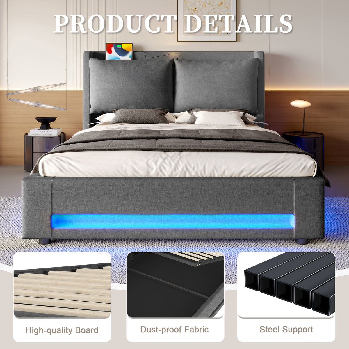 Dark Grey Linen Storage Bed Frame – 180 × 200 cm — detail 5