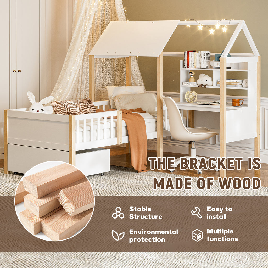 White Wooden House Bed with Desk and Storage – 90 × 190 cm — detail 7