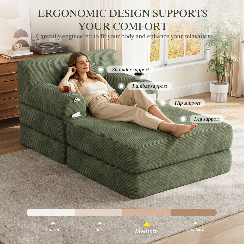 Green Corduroy Sleeper Chair with Ottoman — detail 6