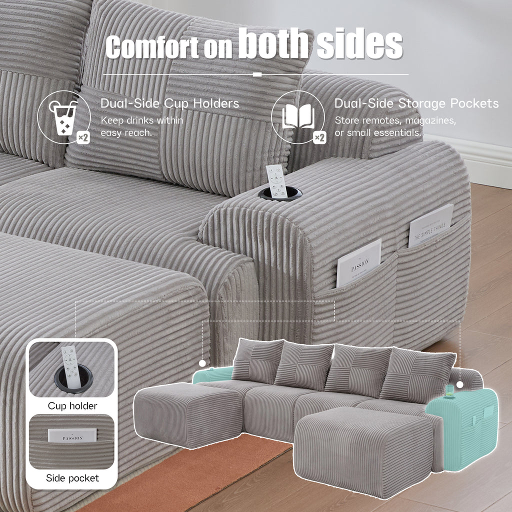 Light Grey Corduroy 4-Seater Modular Sofa with Two Ottomans — detail 7