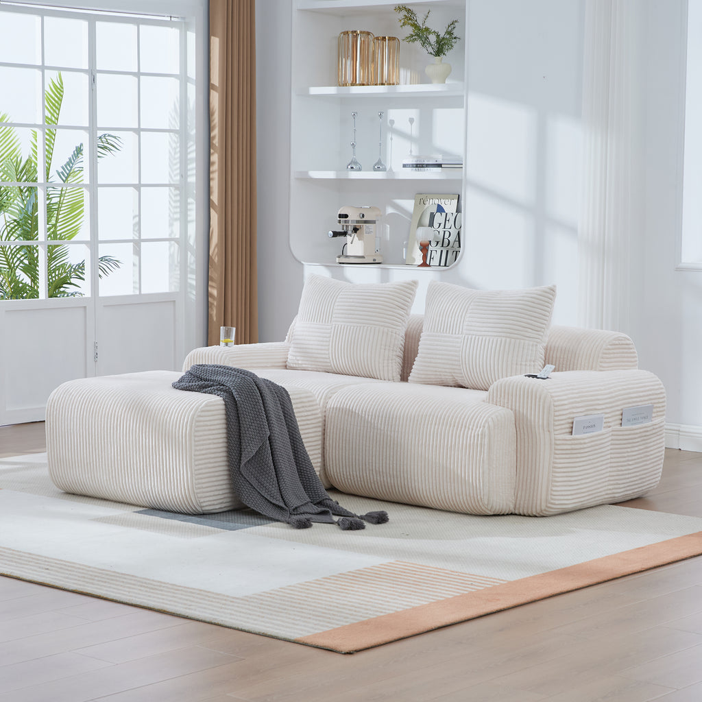 Beige Corduroy 2-Seater Modular Sofa with Ottoman — detail 9