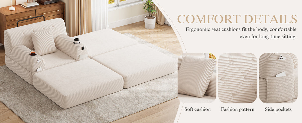 Beige Corduroy Sleeper Chair with Ottoman — detail 13