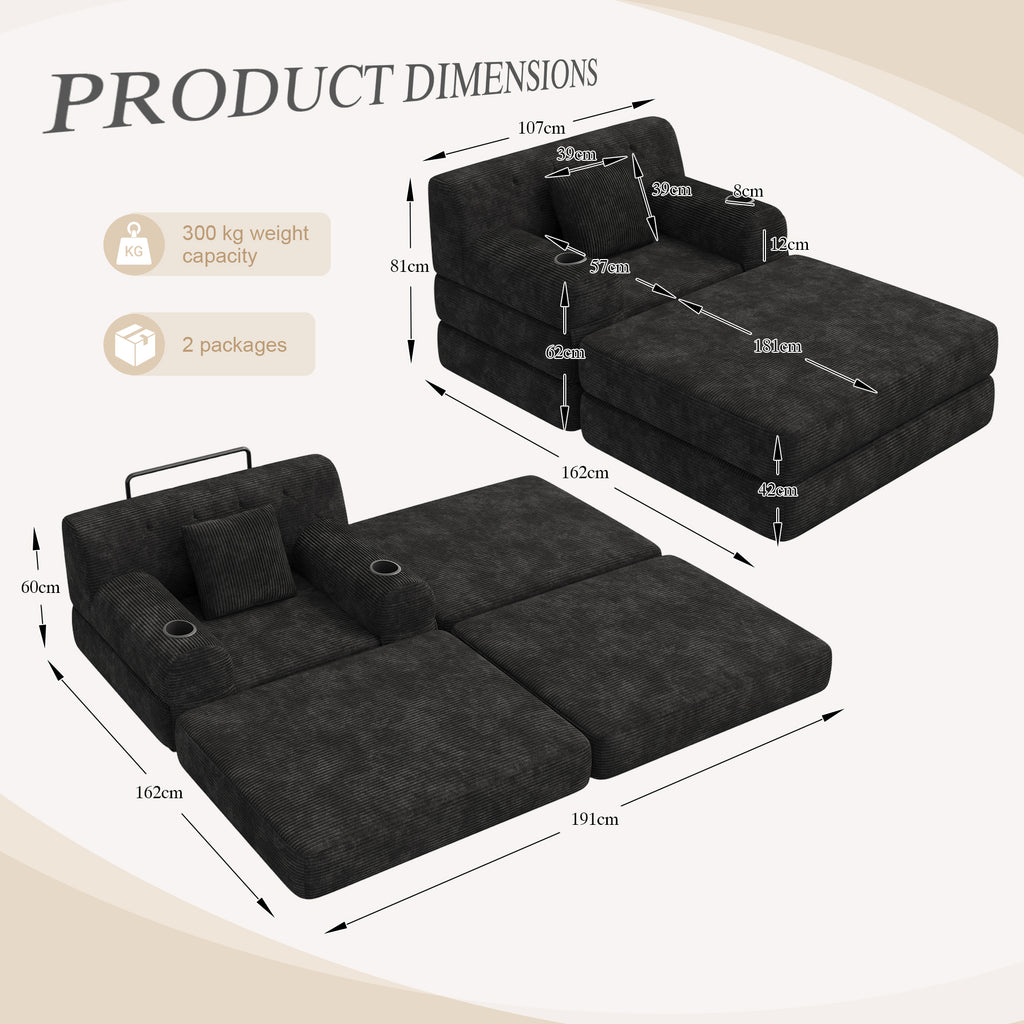 Black Corduroy Sleeper Chair with Ottoman — detail 2
