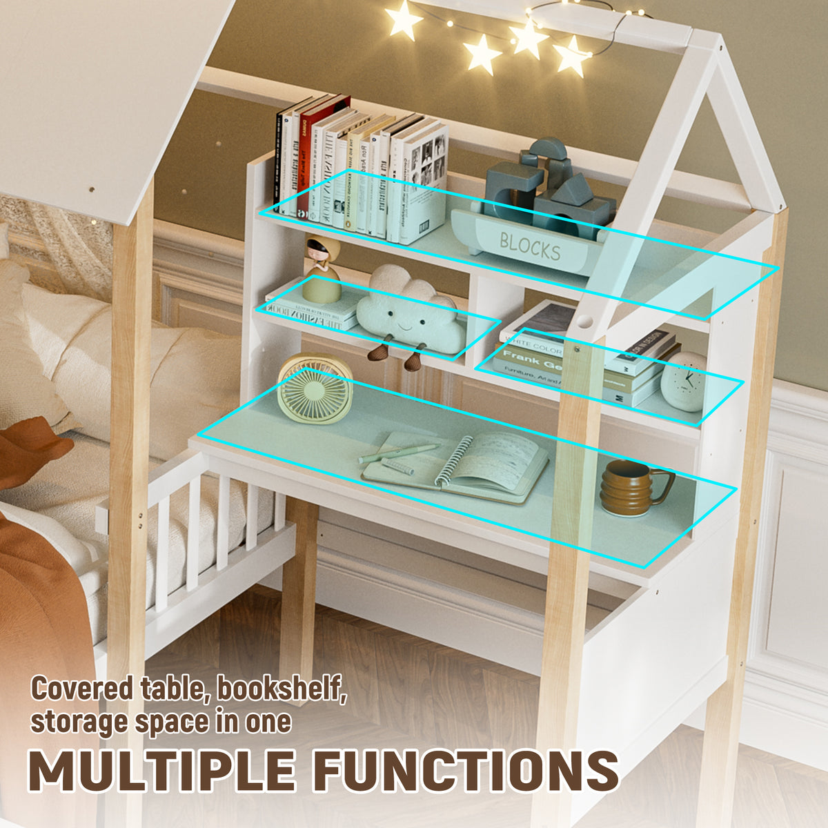 White Wooden House Bed with Desk and Storage – 90 × 190 cm — detail 6