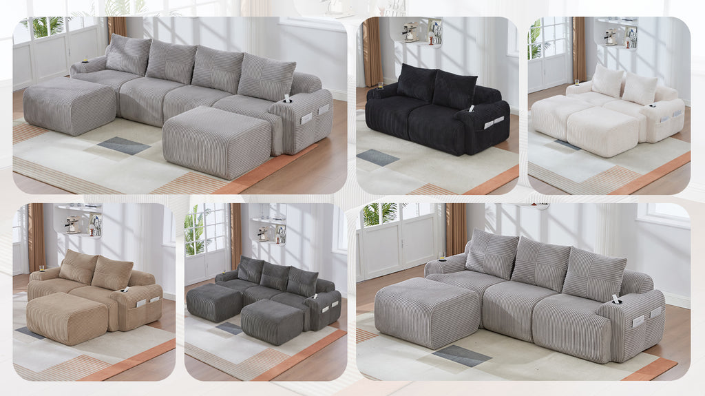 Light Grey Corduroy 2-Seater Modular Sofa with Ottoman — detail 23