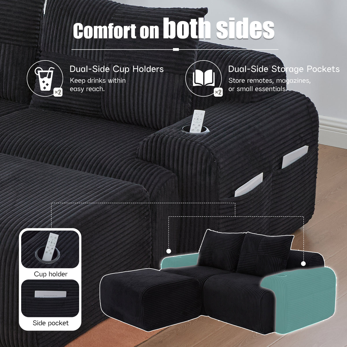 Black Corduroy 2-Seater Modular Sofa with Ottoman — detail 6