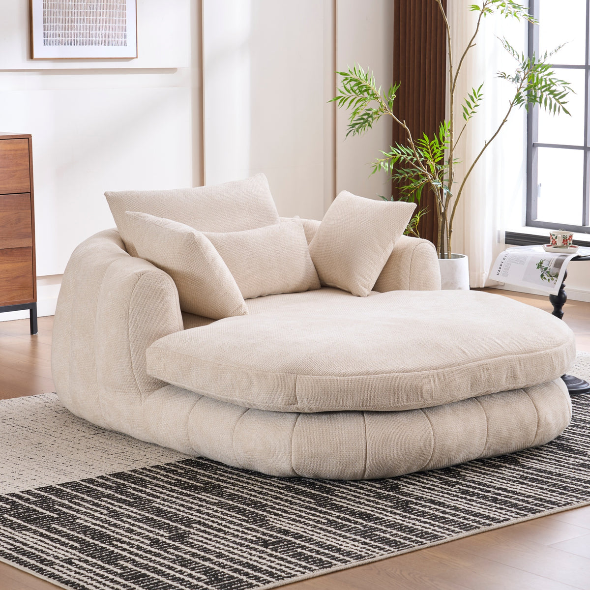 White Oversized Chenille Chaise Lounge with Pillows — detail 9