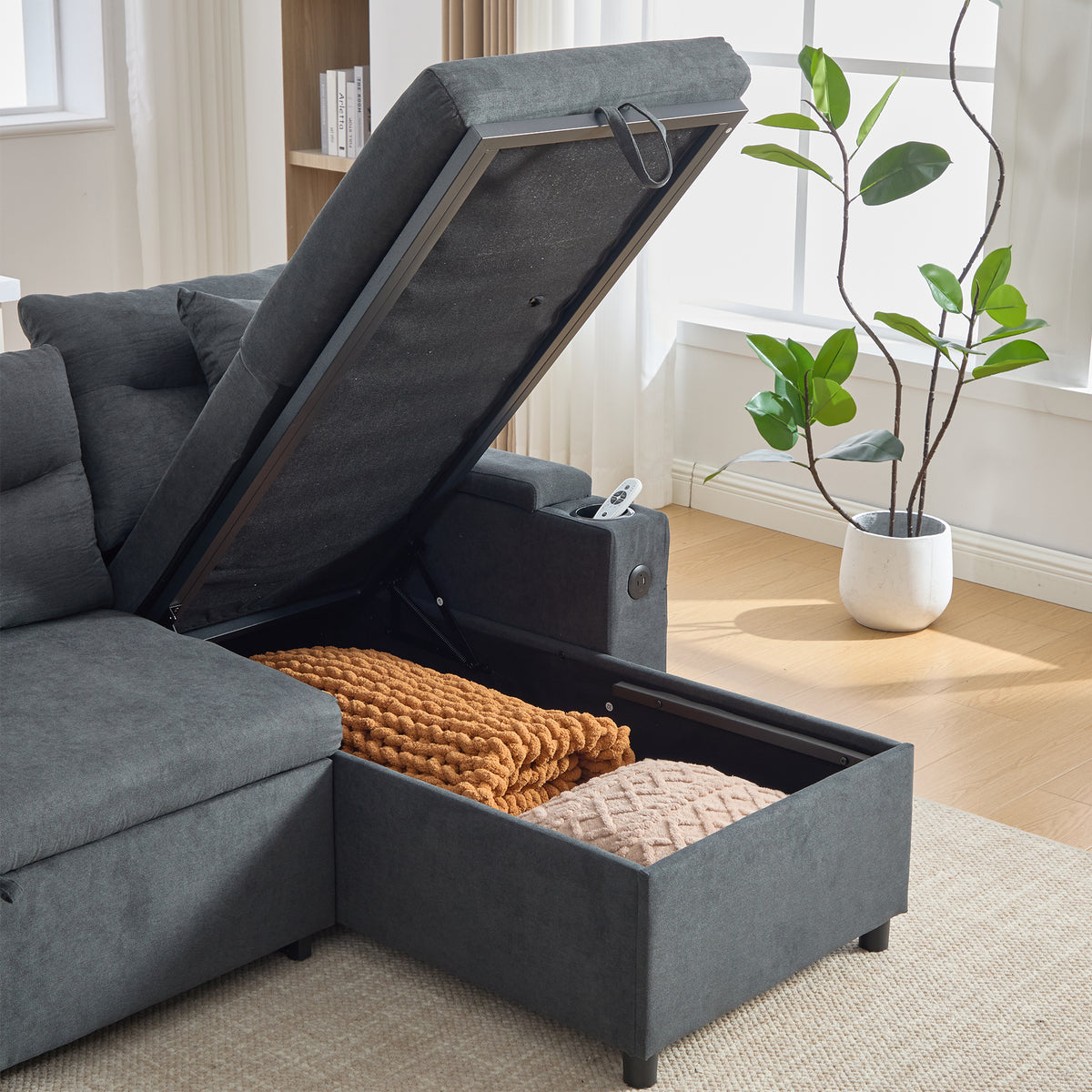 Dark Grey Oversized Chenille Chaise Lounge with Pillows — detail 16
