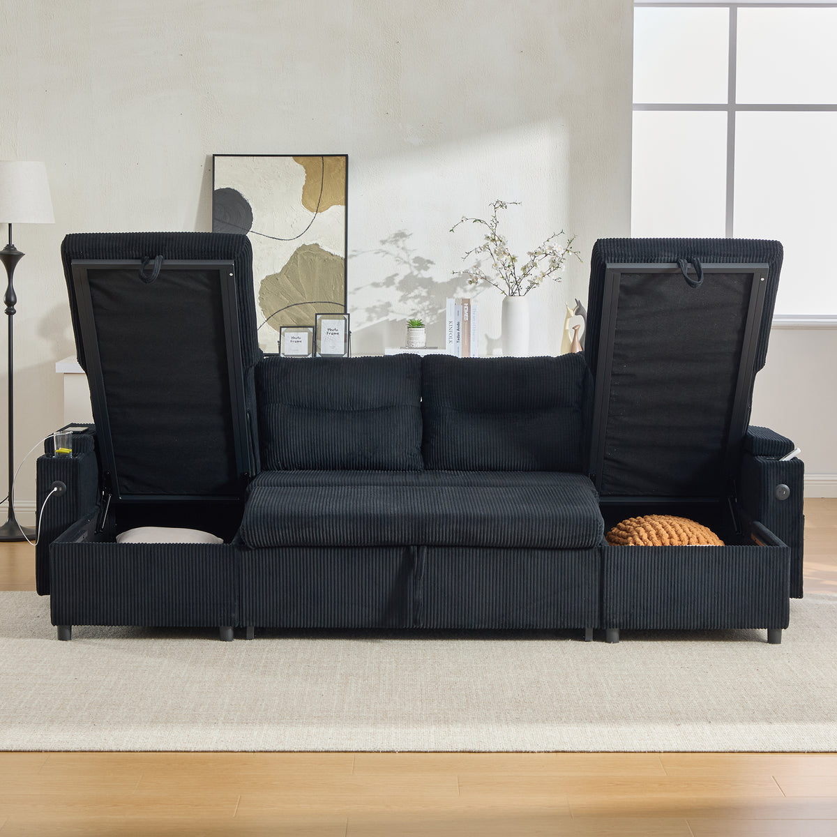 Black Oversized Chenille Chaise Lounge with Pillows — detail 13