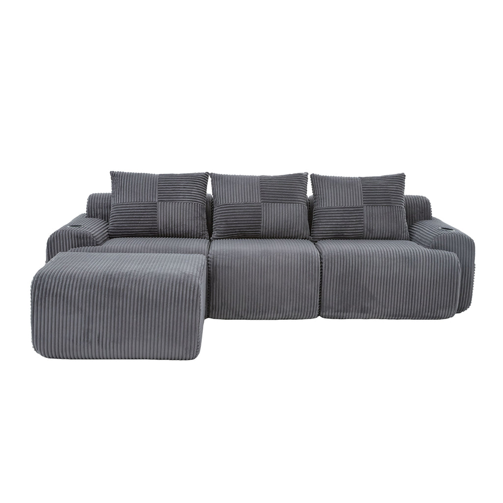Dark Grey Corduroy 3-Seater Modular Sofa with Ottoman — detail 20