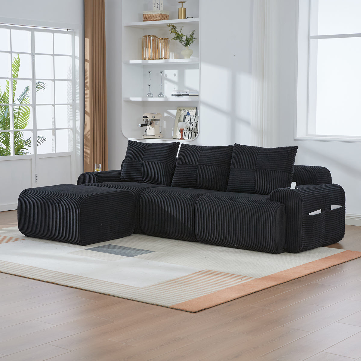 Black Corduroy 3-Seater Modular Sofa with Ottoman — detail 9