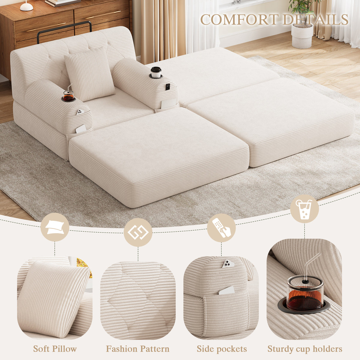 Beige Corduroy Sleeper Chair with Ottoman — detail 5
