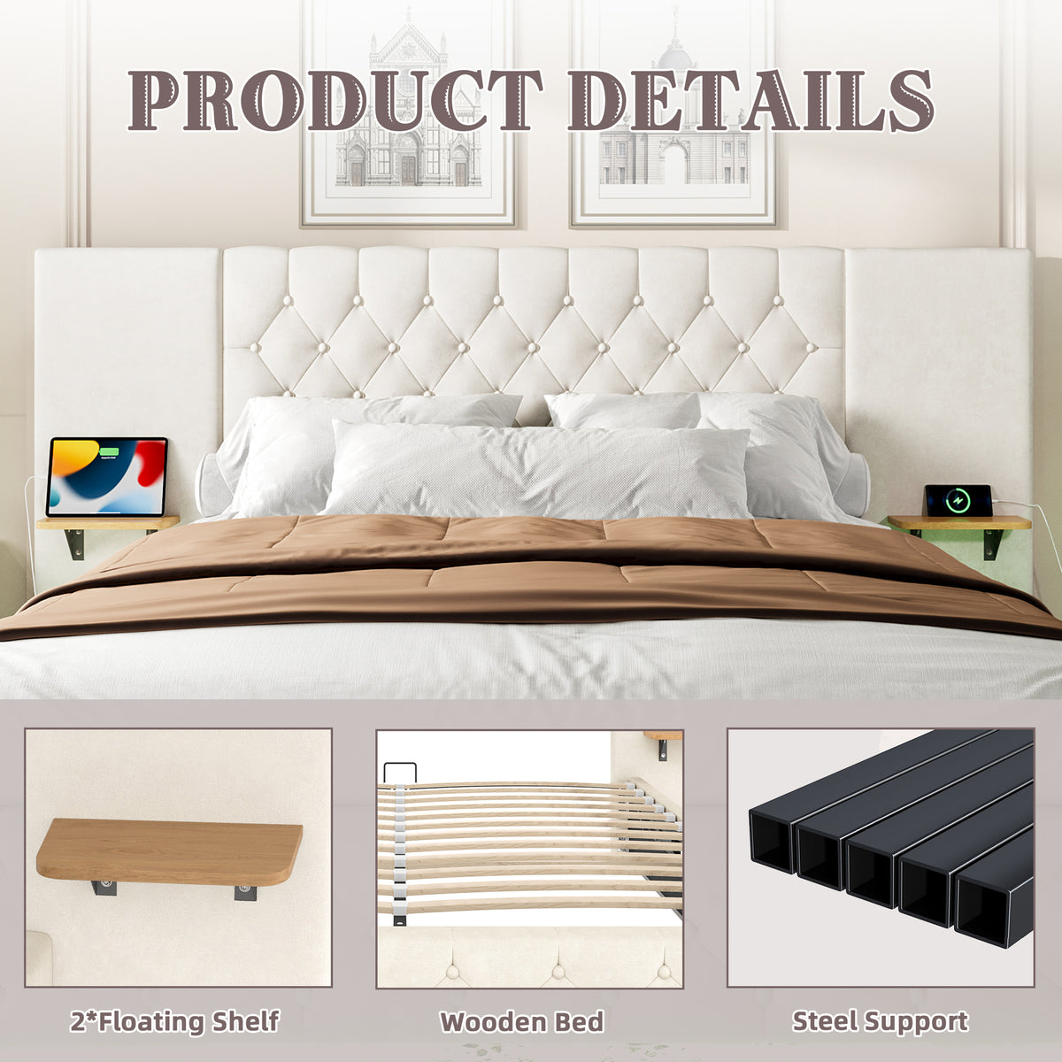 Beige Velvet Storage Bed Frame – 135 × 190 cm — detail 7
