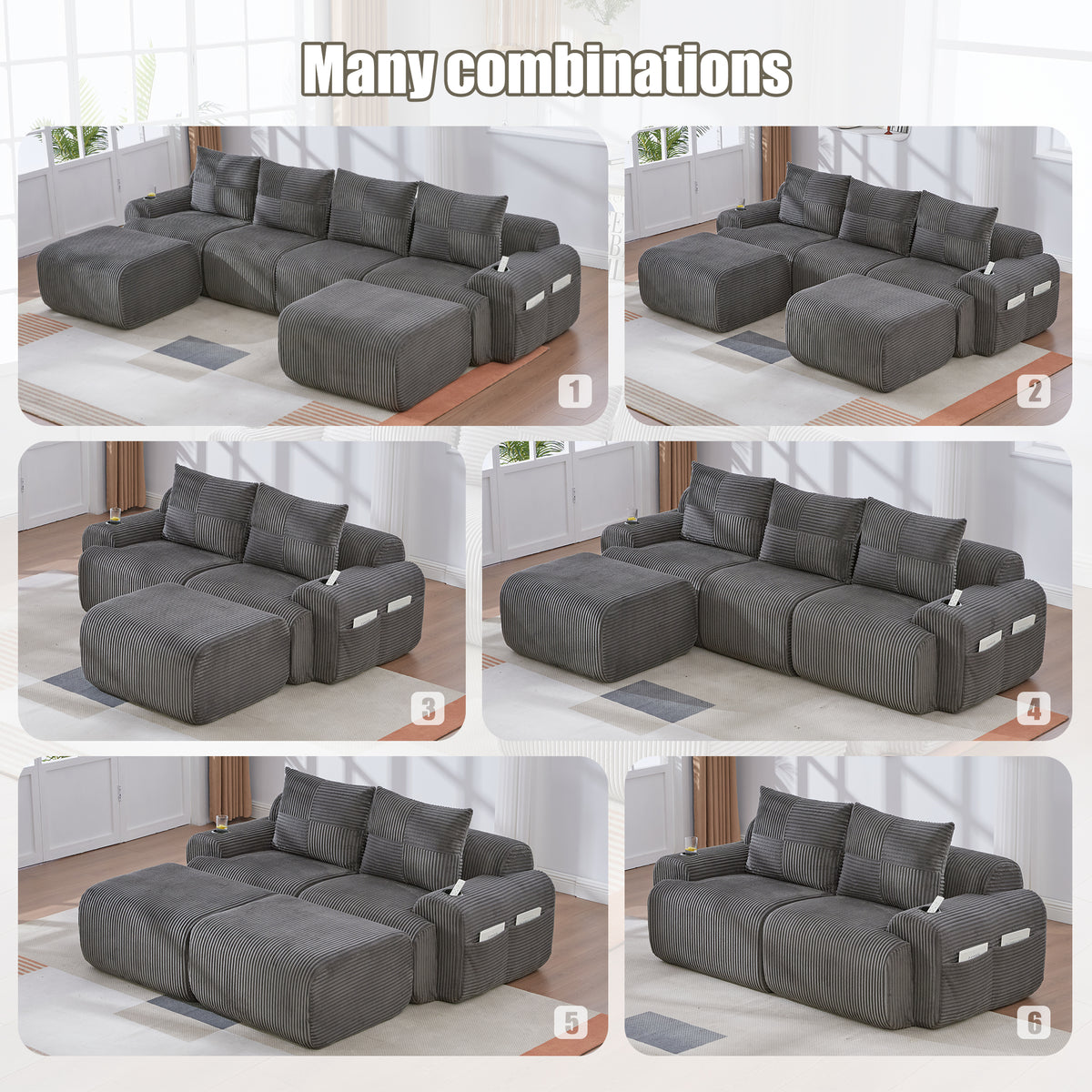 Dark Grey Corduroy 4-Seater Modular Sofa with Two Ottomans — detail 5