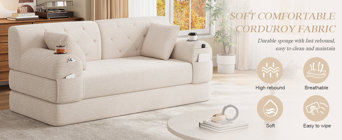 Beige Corduroy 2-Seater Sofa Bed — detail 21