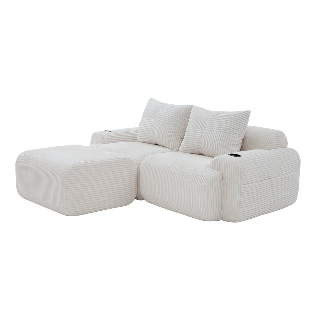 Beige Corduroy 2-Seater Modular Sofa with Ottoman — detail 21