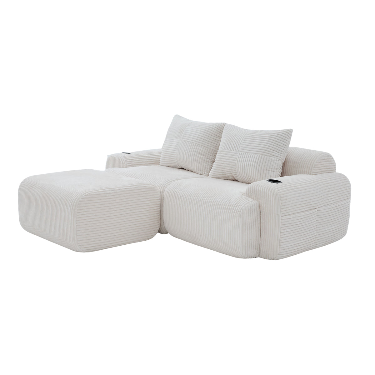 Beige Corduroy 2-Seater Modular Sofa with Ottoman — detail 21