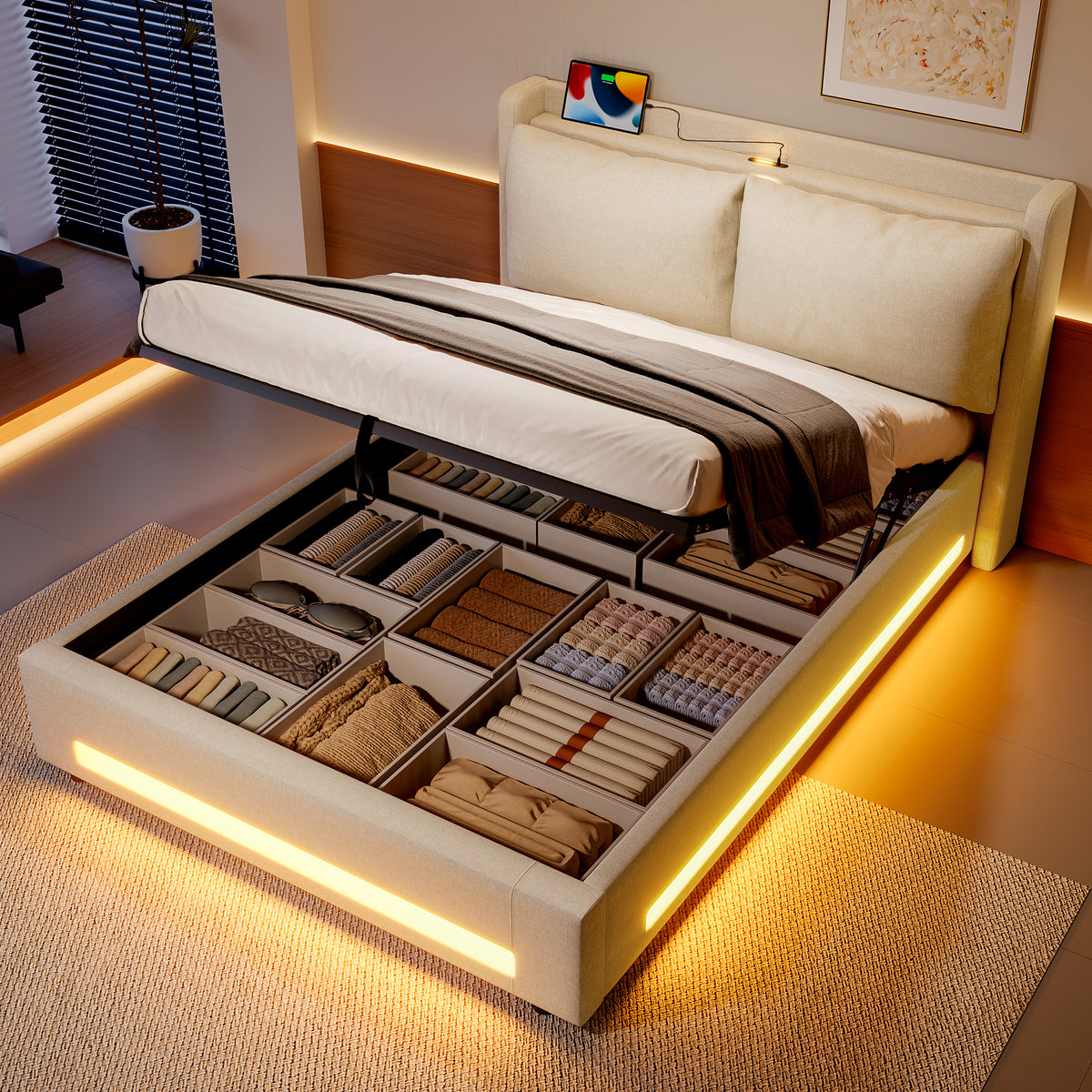 Beige Linen Storage Bed Frame – 180 × 200 cm — product view