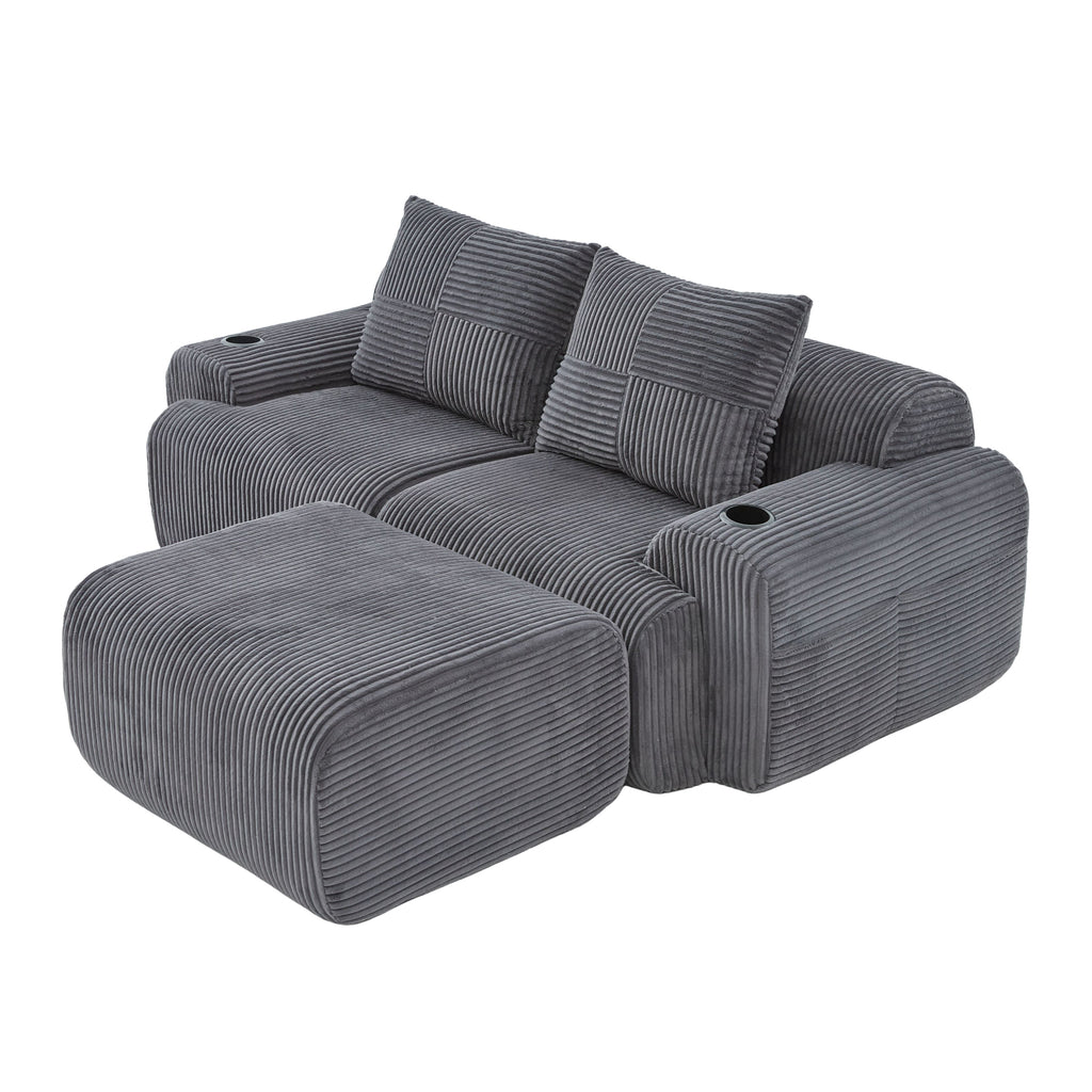 Dark Grey Corduroy 2-Seater Modular Sofa with Ottoman — detail 20