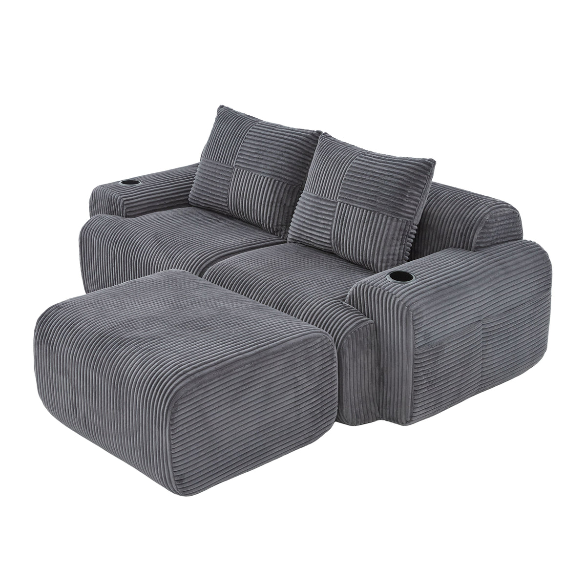 Dark Grey Corduroy 2-Seater Modular Sofa with Ottoman — detail 20