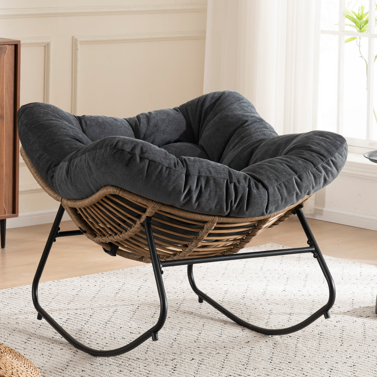 Black Oversized Rattan Rocking Chair with Cushion — detail 2