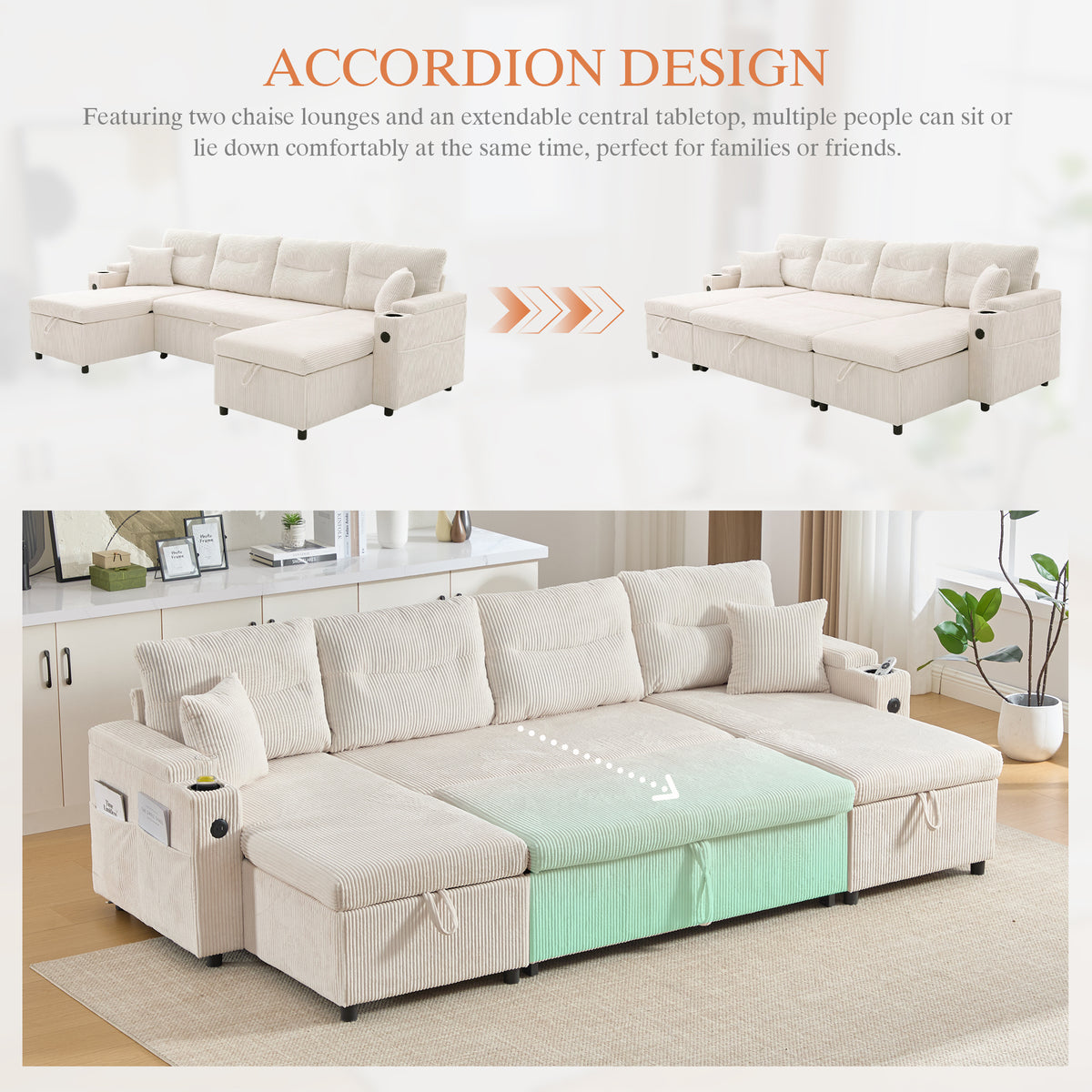 Beige Oversized Chenille Chaise Lounge with Pillows — detail 6
