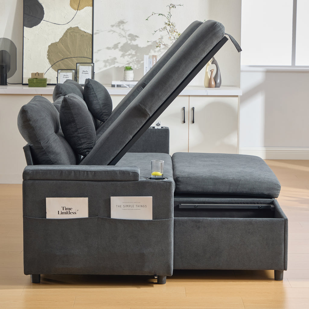 Dark Grey Oversized Chenille Chaise Lounge with Pillows — detail 19
