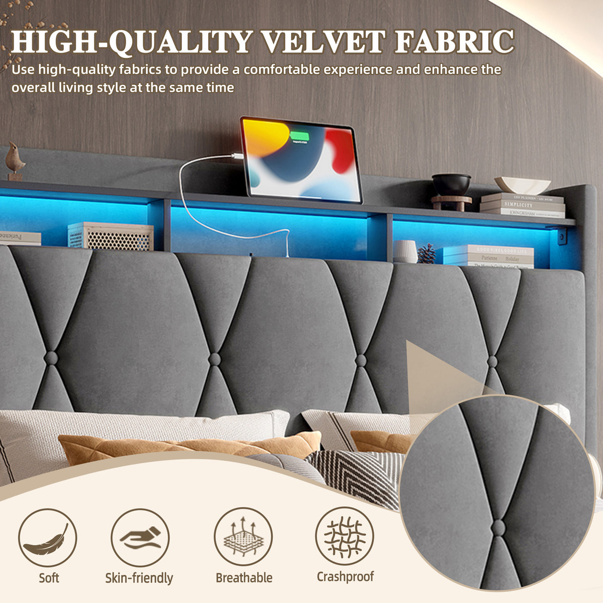 Dark Grey Velvet Storage Bed Frame – 135 × 190 cm — detail 9