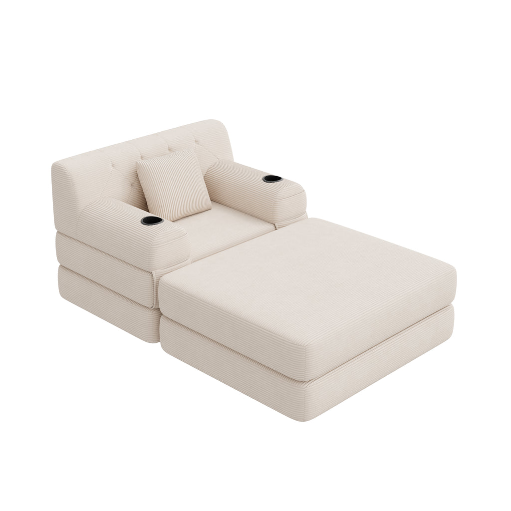 Beige Corduroy Sleeper Chair with Ottoman — detail 19