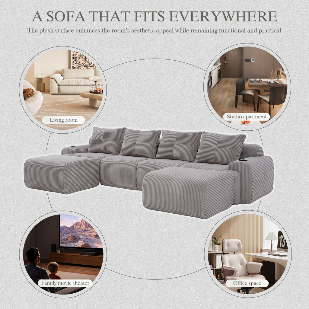 Light Grey Corduroy 4-Seater Modular Sofa with Two Ottomans — detail 8
