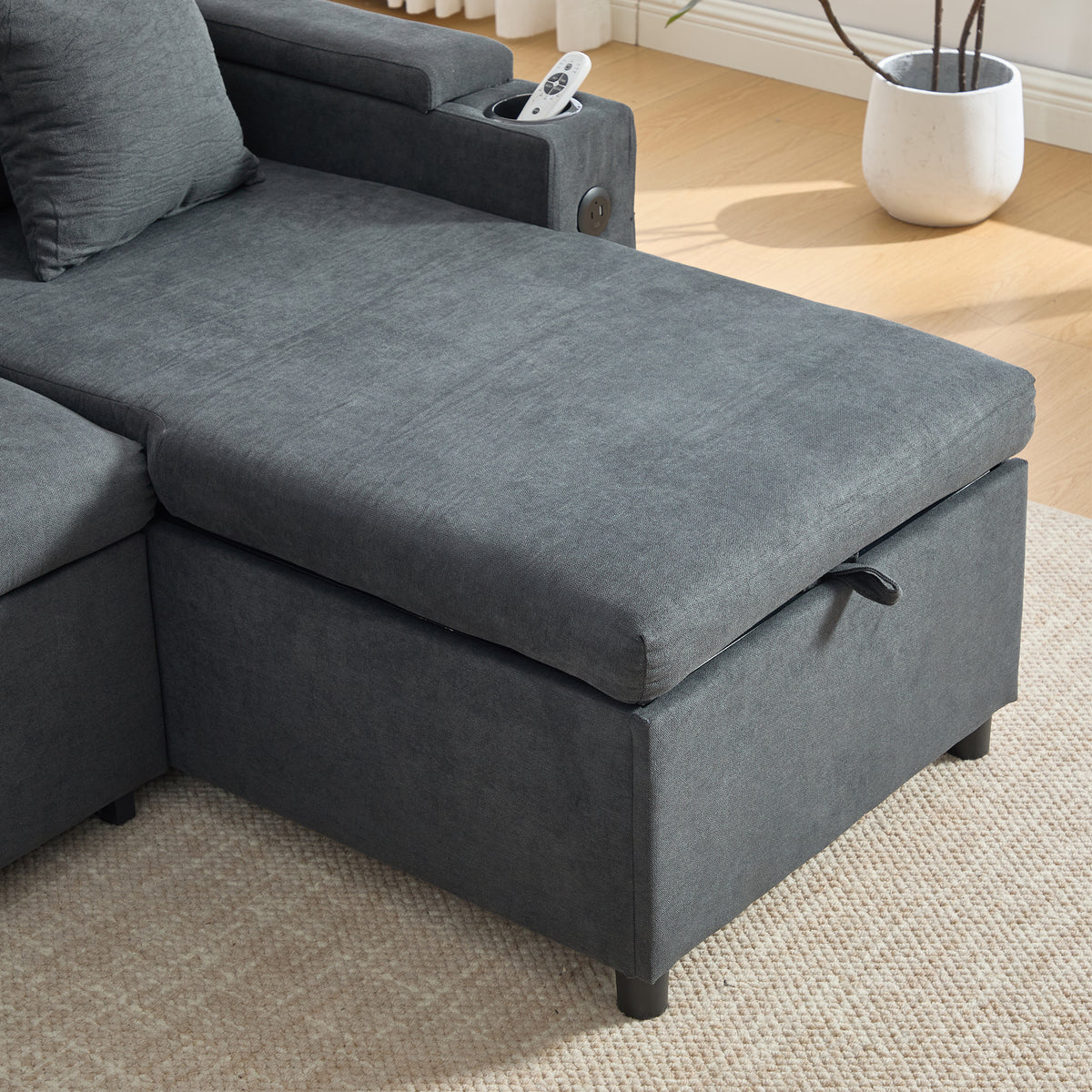 Dark Grey Oversized Chenille Chaise Lounge with Pillows — detail 15