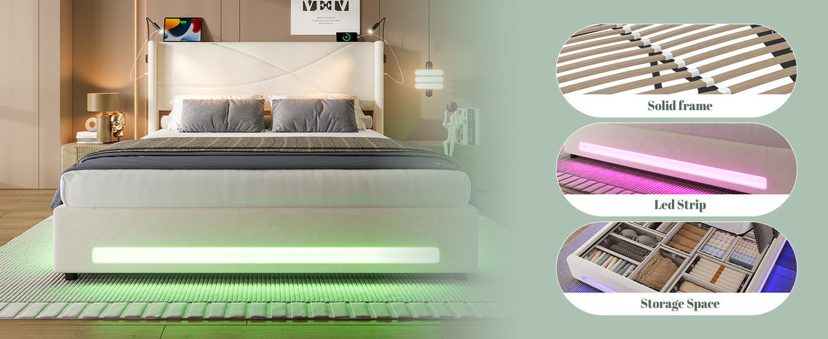 Beige Velvet Storage Bed Frame – 150 × 200 cm — detail 10