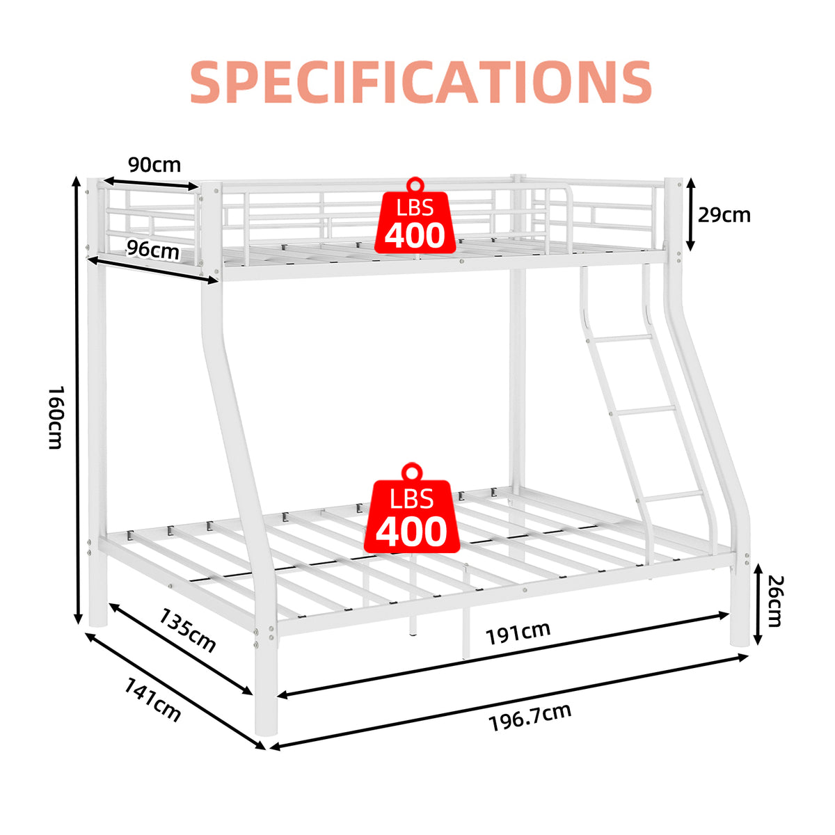 White Metal Bunk Bed – Single over Double — detail 8