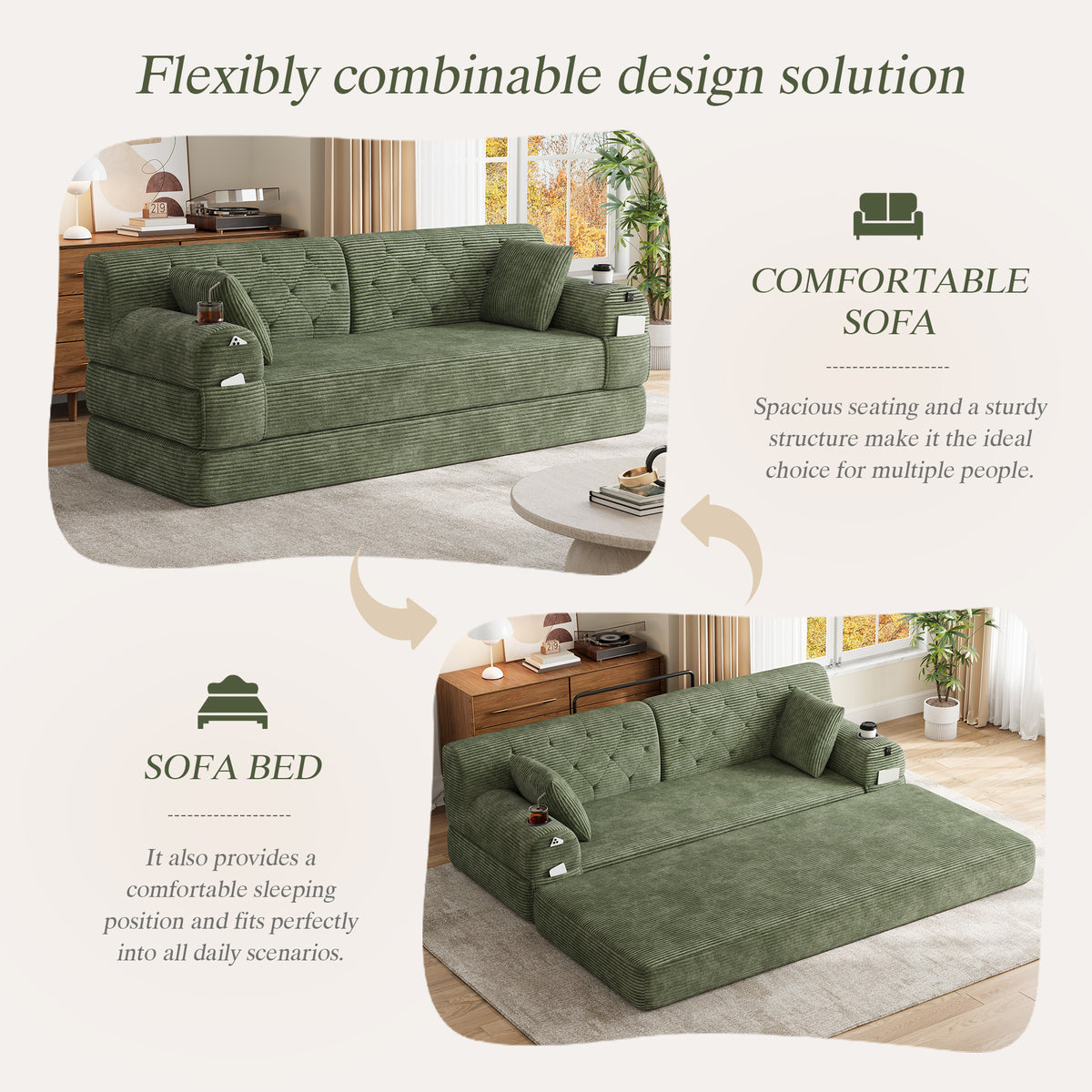 Green Corduroy 3-Seater Sofa Bed — detail 3
