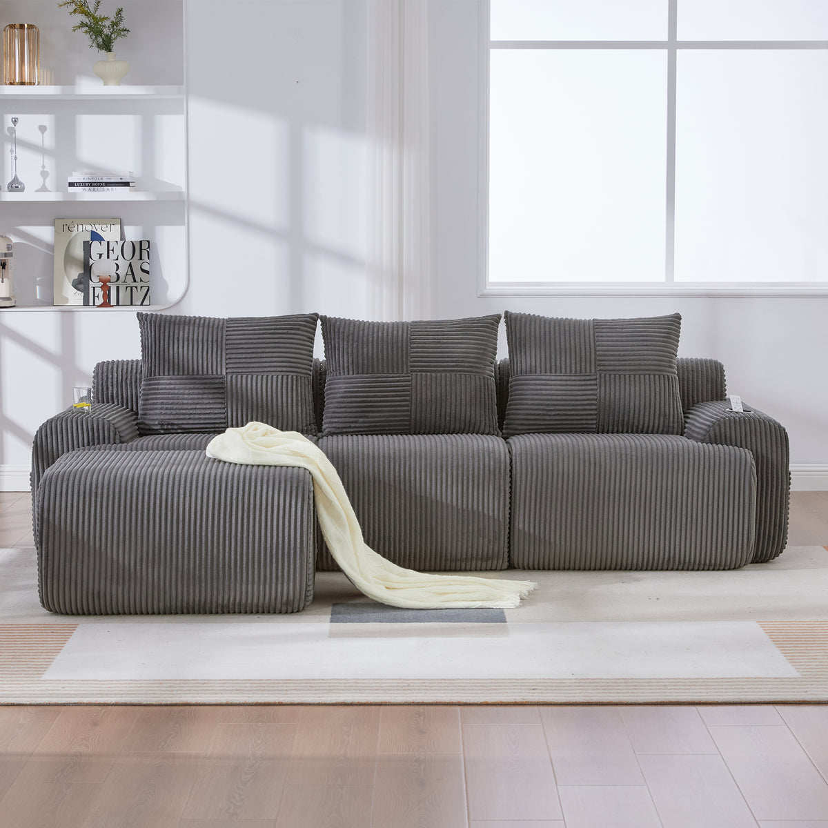 Dark Grey Corduroy 3-Seater Modular Sofa with Ottoman — detail 4