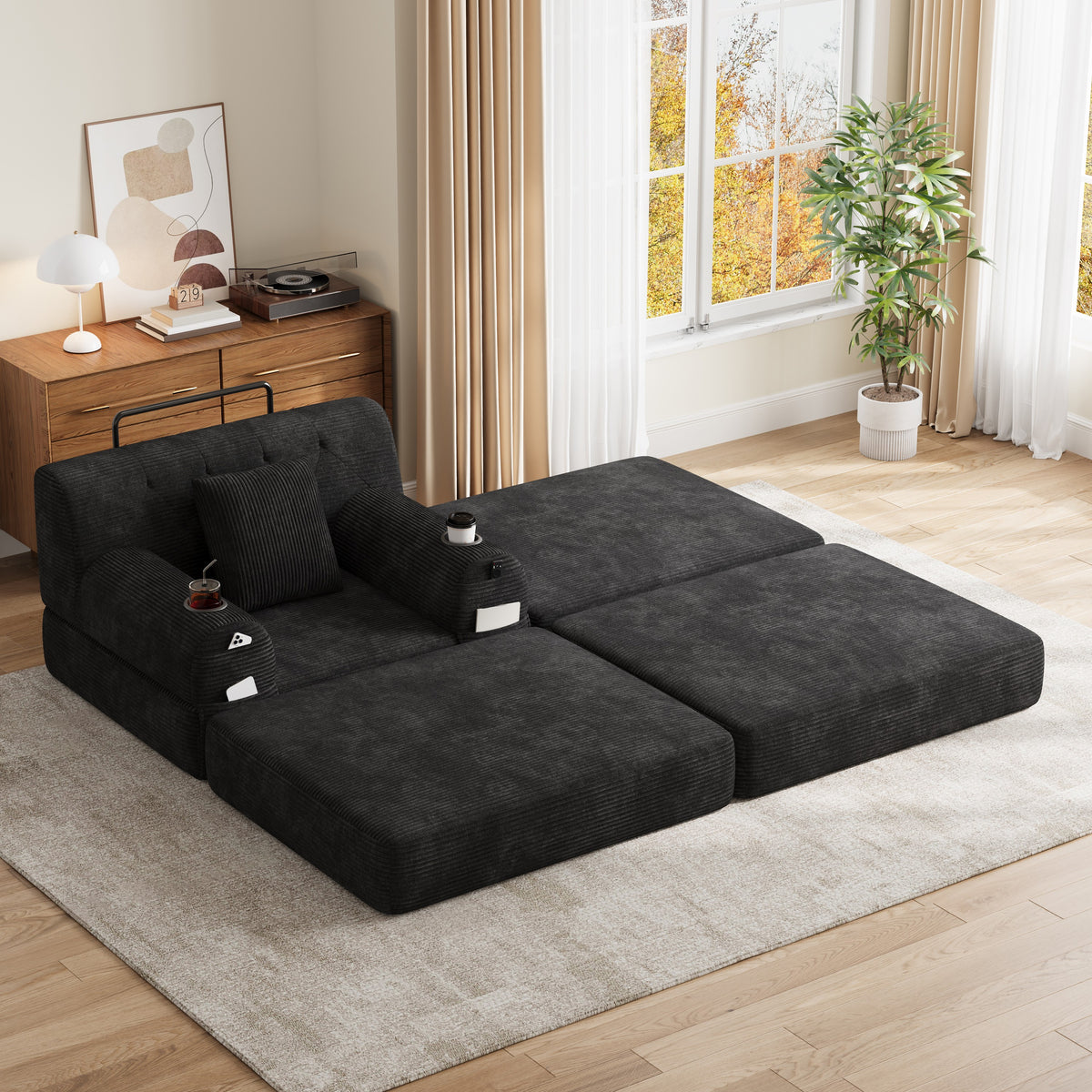 Black Corduroy Sleeper Chair with Ottoman — product view