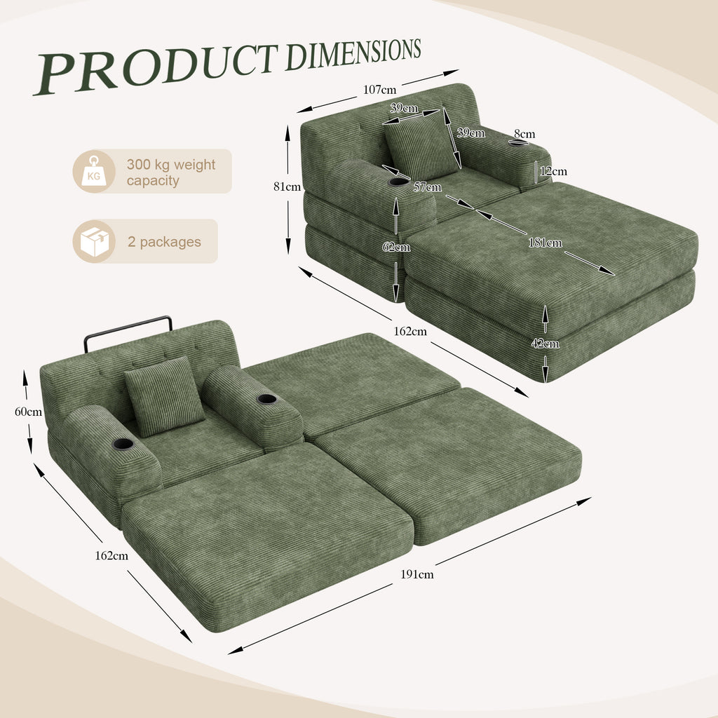 Green Corduroy Sleeper Chair with Ottoman — detail 2
