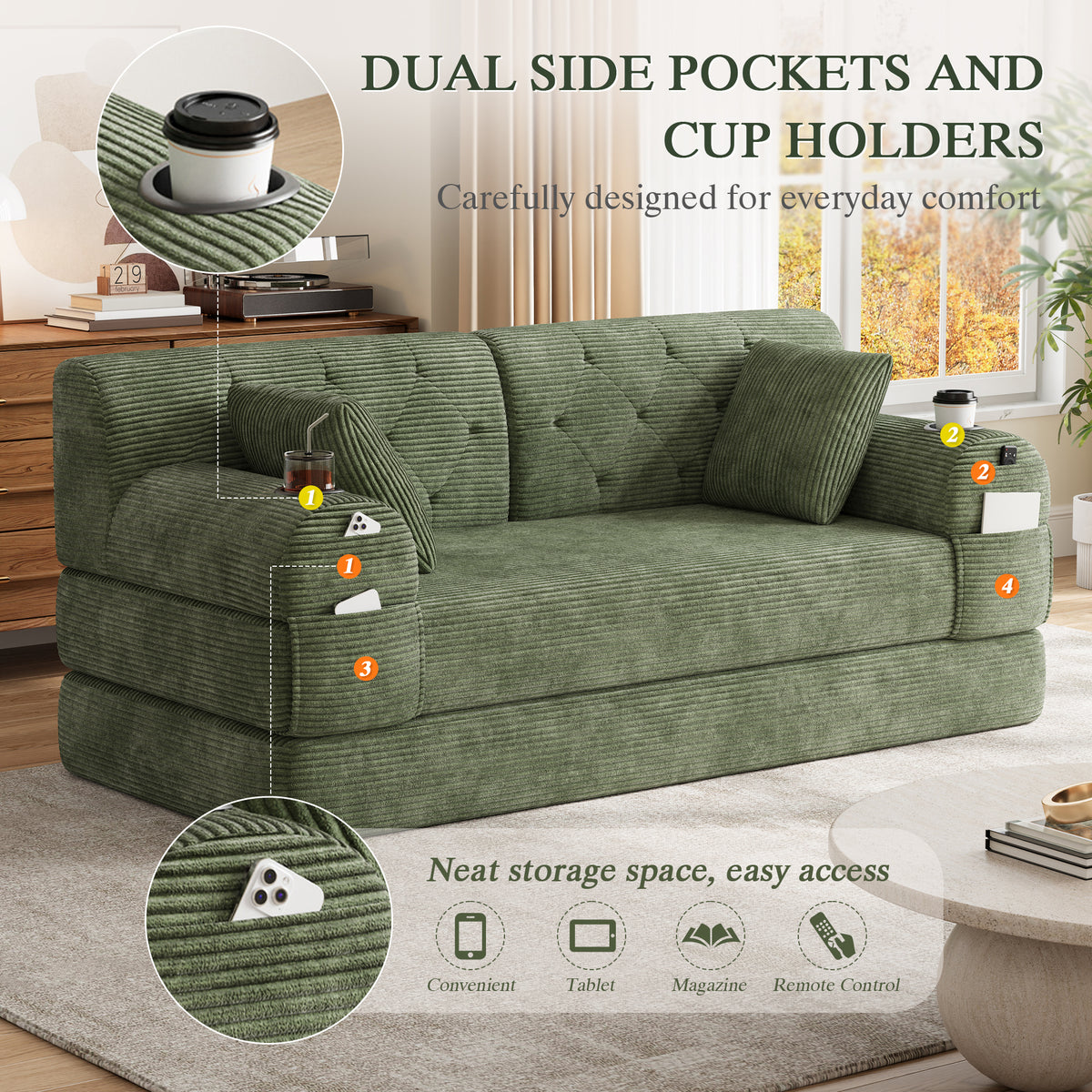 Green Corduroy 2-Seater Sofa Bed — detail 4