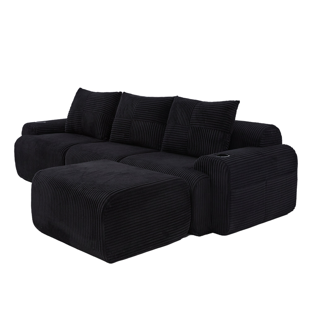 Black Corduroy 3-Seater Modular Sofa with Ottoman — detail 23