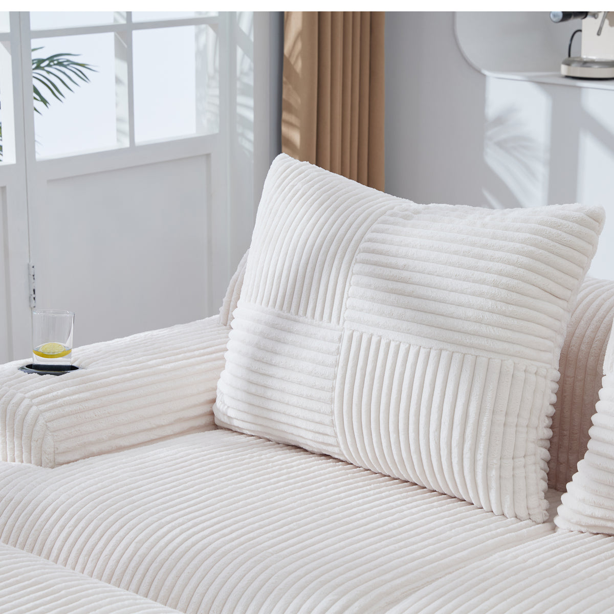 Beige Corduroy 4-Seater Modular Sofa with Two Ottomans — detail 15