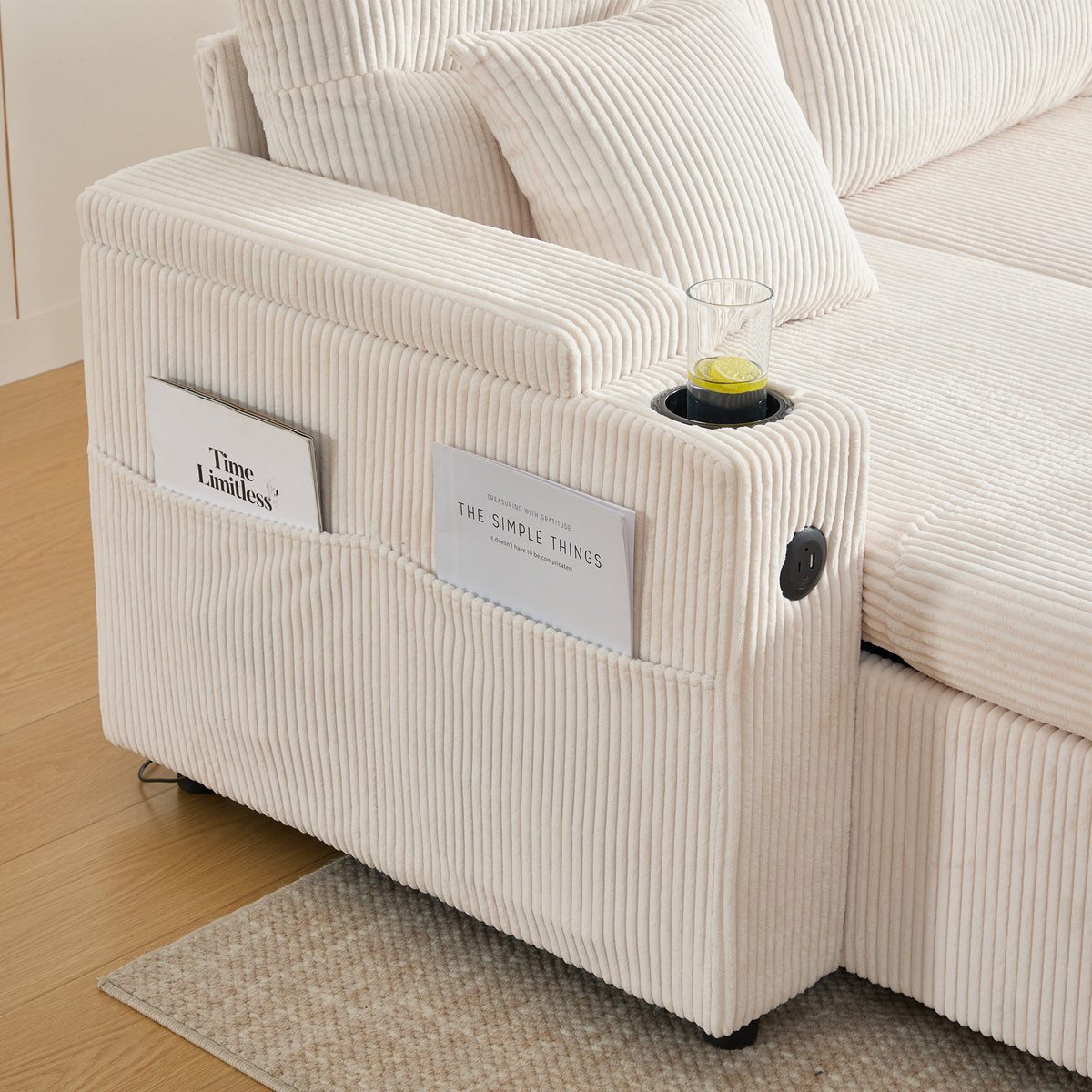 Beige Oversized Chenille Chaise Lounge with Pillows — detail 14