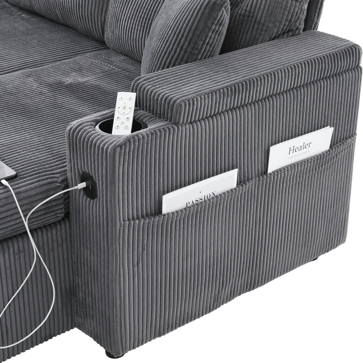 Charcoal grey Oversized Chenille Chaise Lounge with Pillows — detail 27