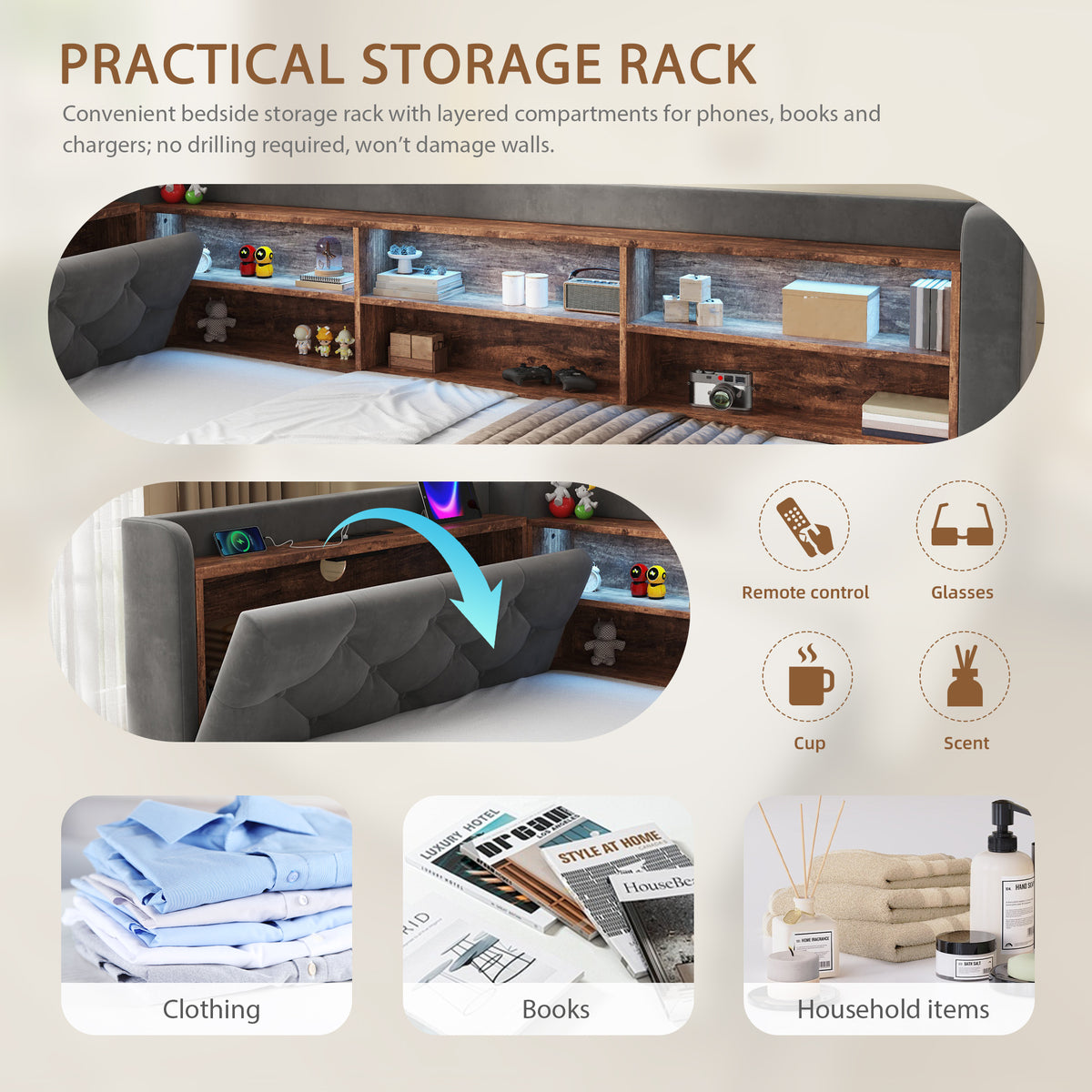 Dark Grey Velvet Storage Bed Frame – 90 × 190 cm — detail 4