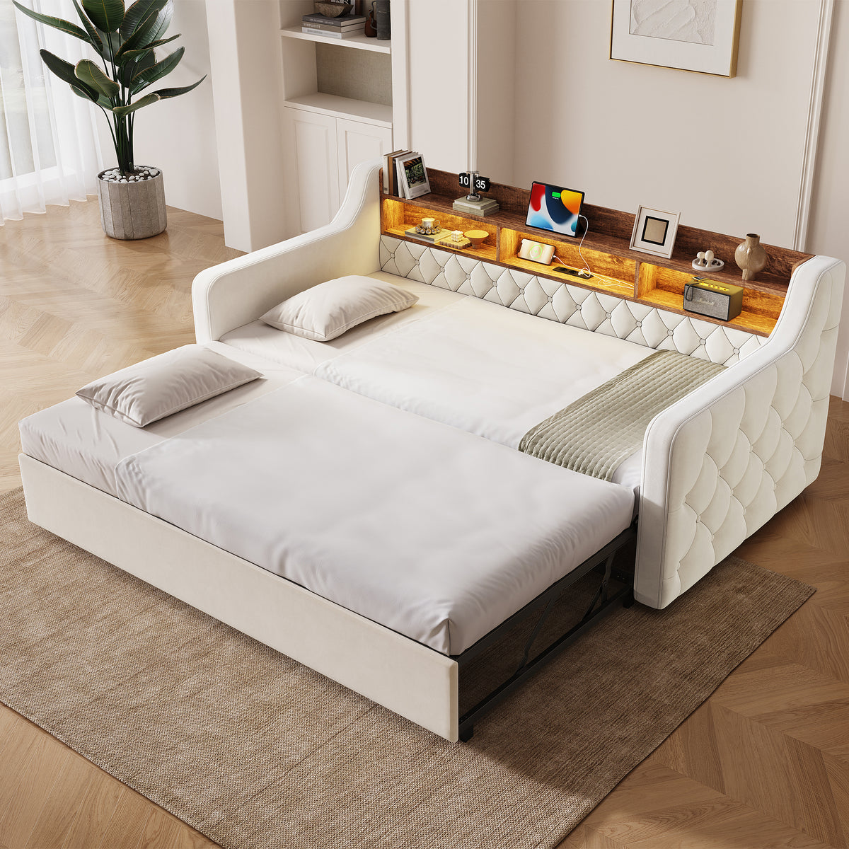 Beige Velvet Sofa Bed — product view